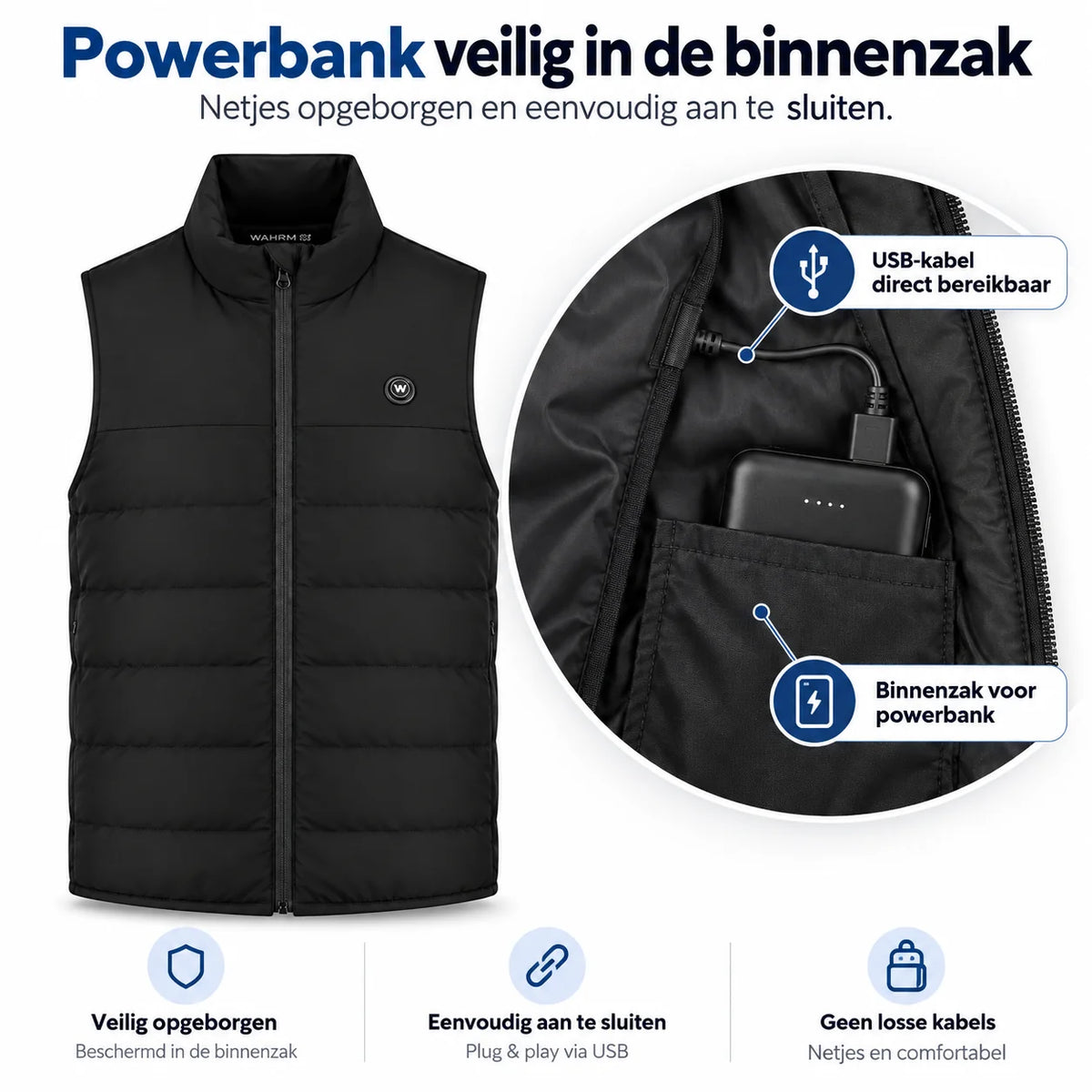 De powerbank zit veilig opgeborgen in de binnenzak van de WAHRM Freek bodywarmer