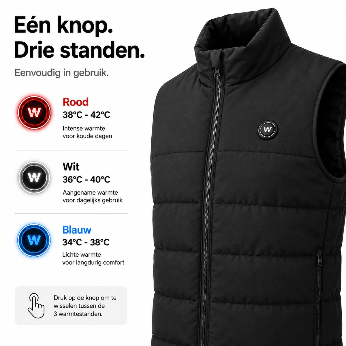Drie warmtestanden van de WAHRM Freek bodywarmer: rood 38 tot 42, wit 36 tot 40 en blauw 34 tot 38 graden