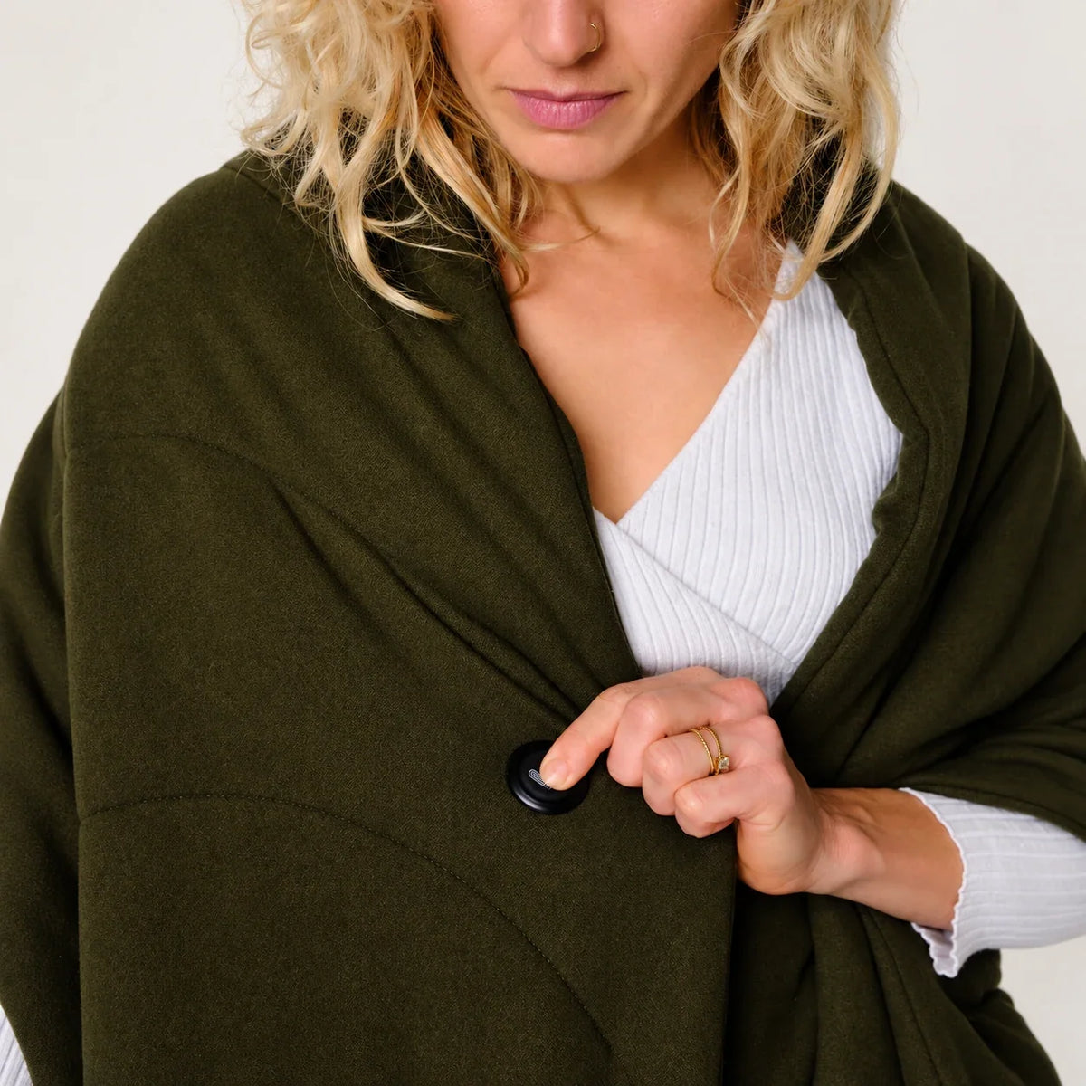 WAHRM verwarmde dames shawl donkergroen detail verwarmingsknop