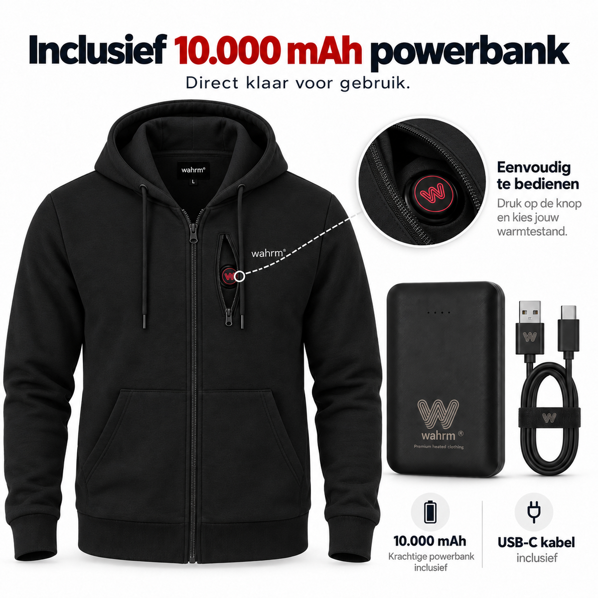 Infrarood Verwarmde Zipper Hoodie – Heren Zwart