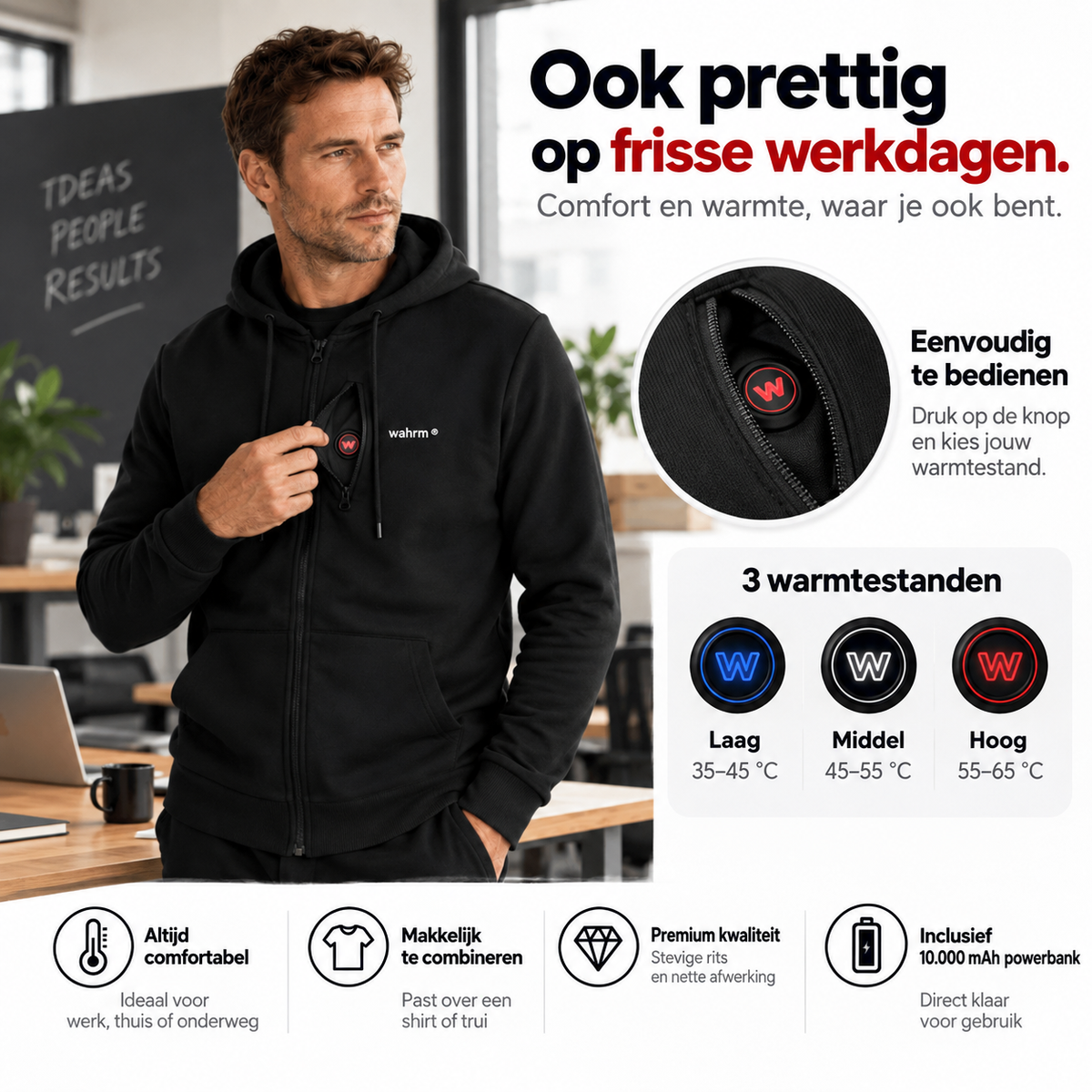 Infrarood Verwarmde Zipper Hoodie – Heren Zwart