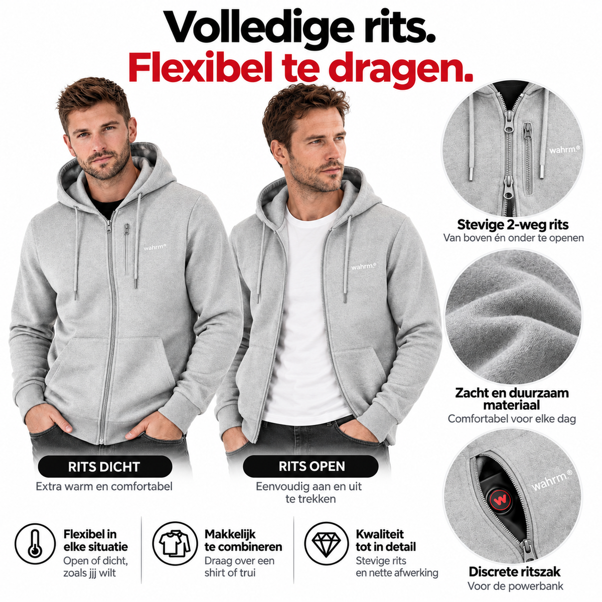 Infrarood Verwarmde Zipper Hoodie – Heren Gray