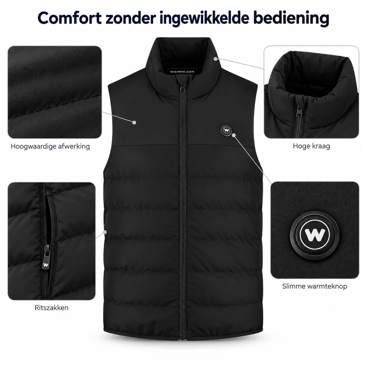 Details van de WAHRM Freek bodywarmer: hoge kraag, ritszakken en warmteknop