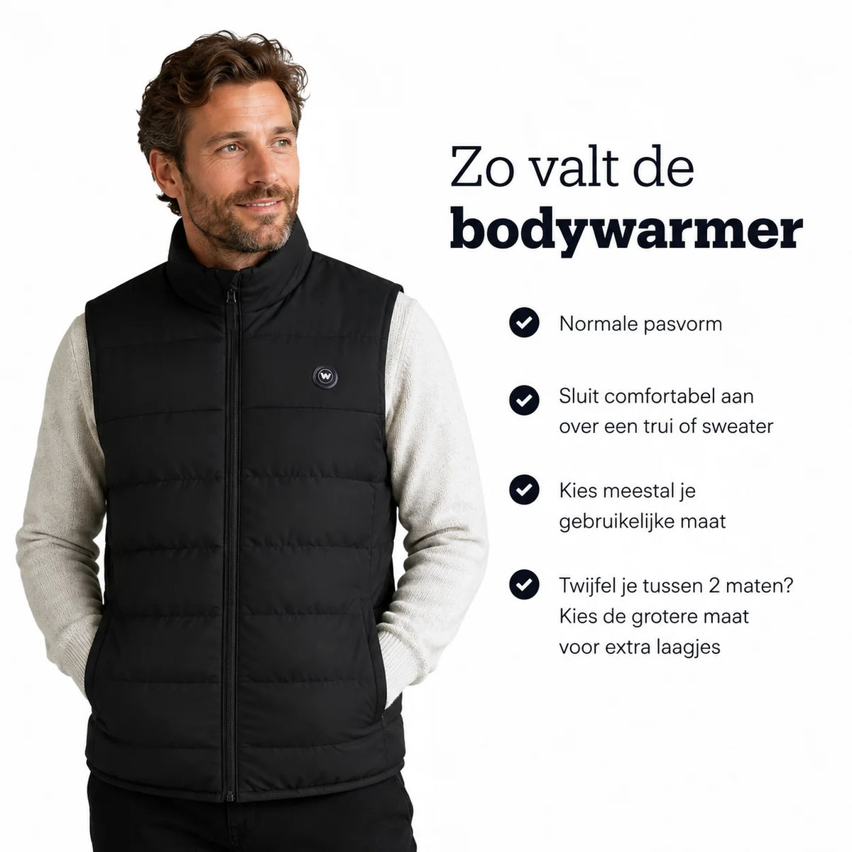 Pasvorm van de WAHRM Freek bodywarmer: normale pasvorm, sluit comfortabel over een trui