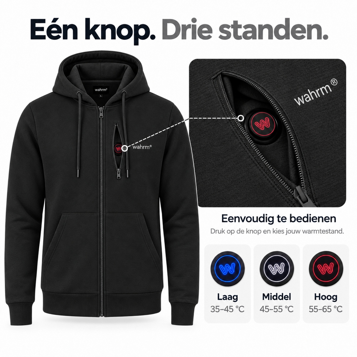 Infrarood Verwarmde Zipper Hoodie – Heren Zwart