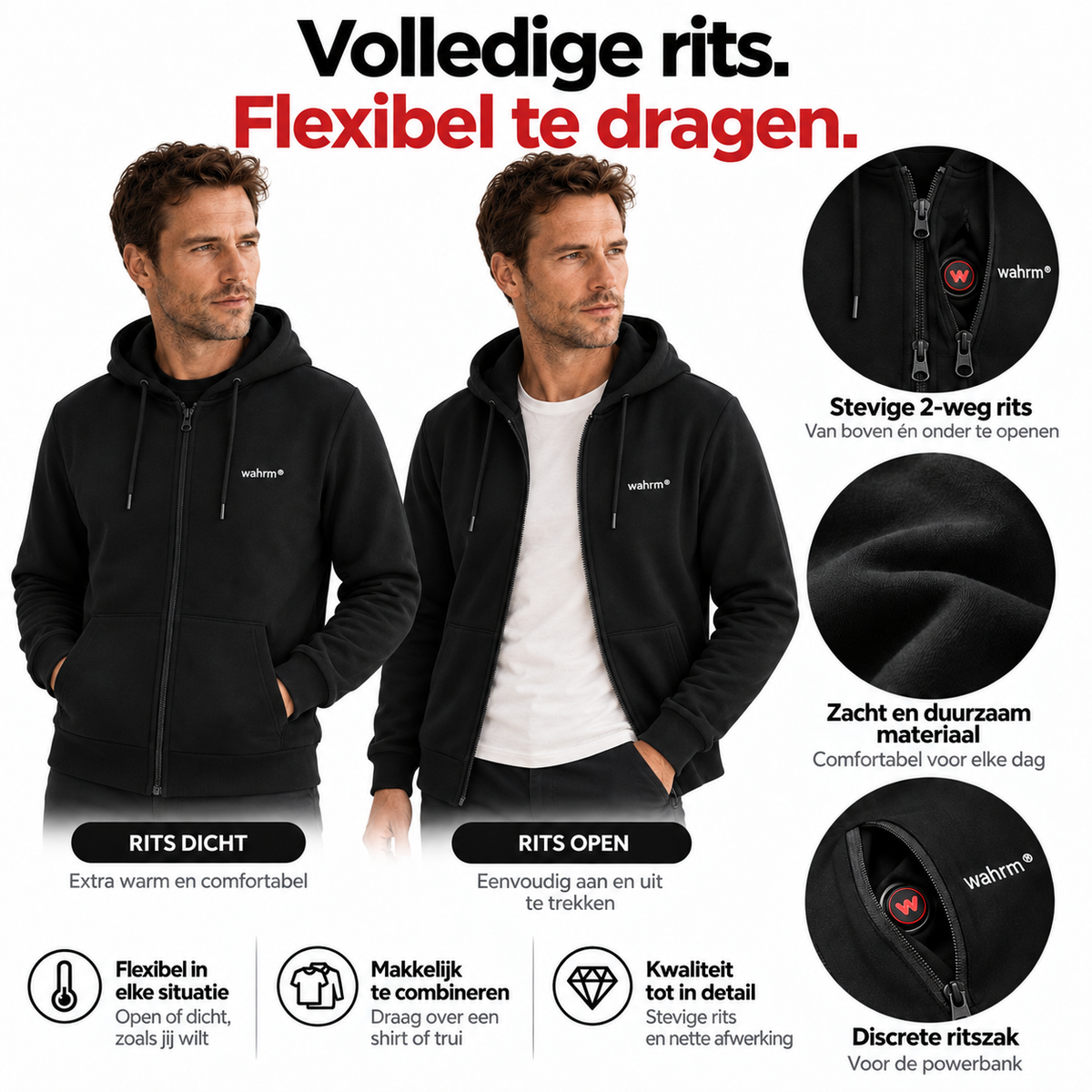 Infrarood Verwarmde Zipper Hoodie – Heren Zwart