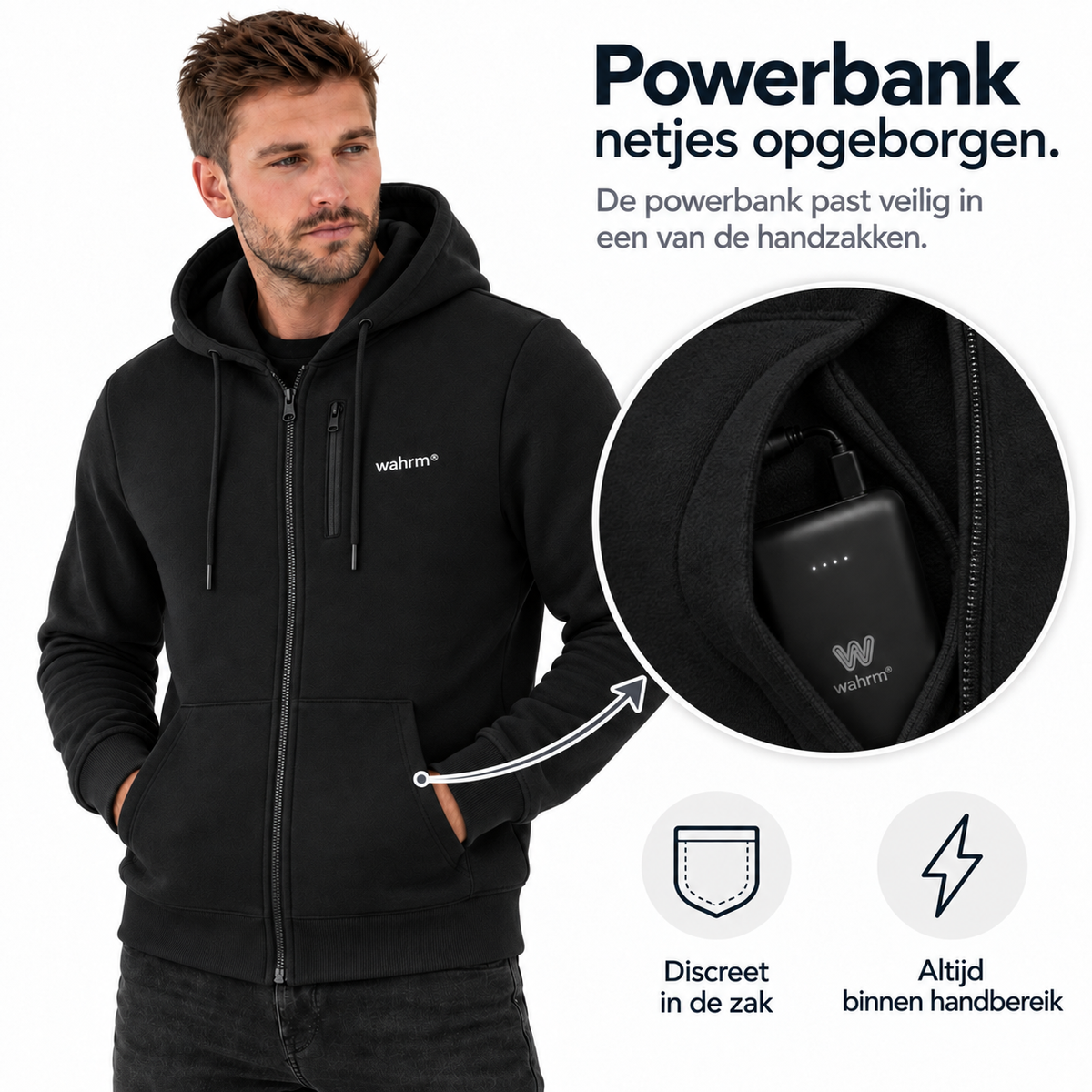 Infrarood Verwarmde Zipper Hoodie – Heren Zwart